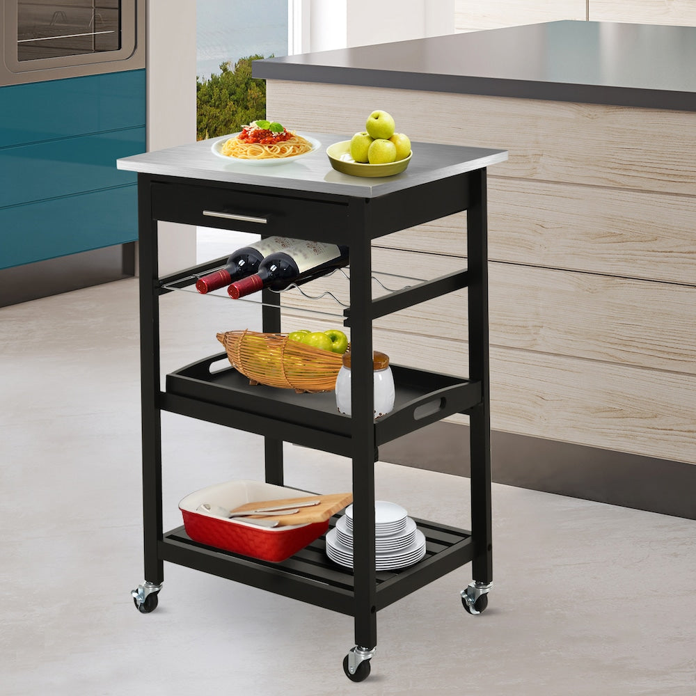 23.5-inch W Kitchen Island, Drawer, Stainless Steel Top, Wine Rack in Black