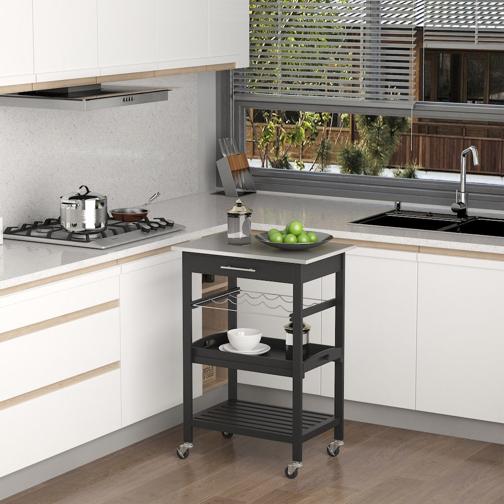 23.5-inch W Kitchen Island, Drawer, Stainless Steel Top, Wine Rack in Black