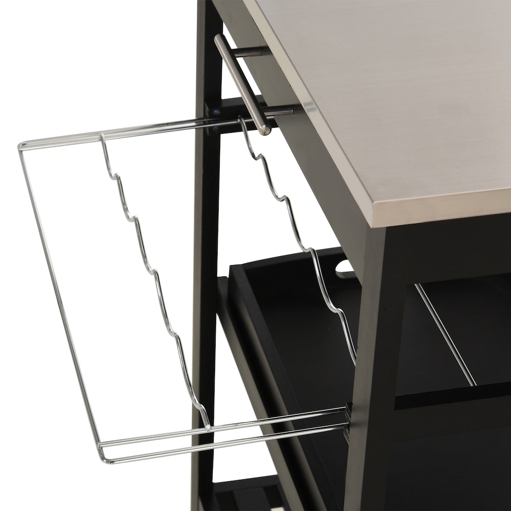 23.5-inch W Kitchen Island, Drawer, Stainless Steel Top, Wine Rack in Black