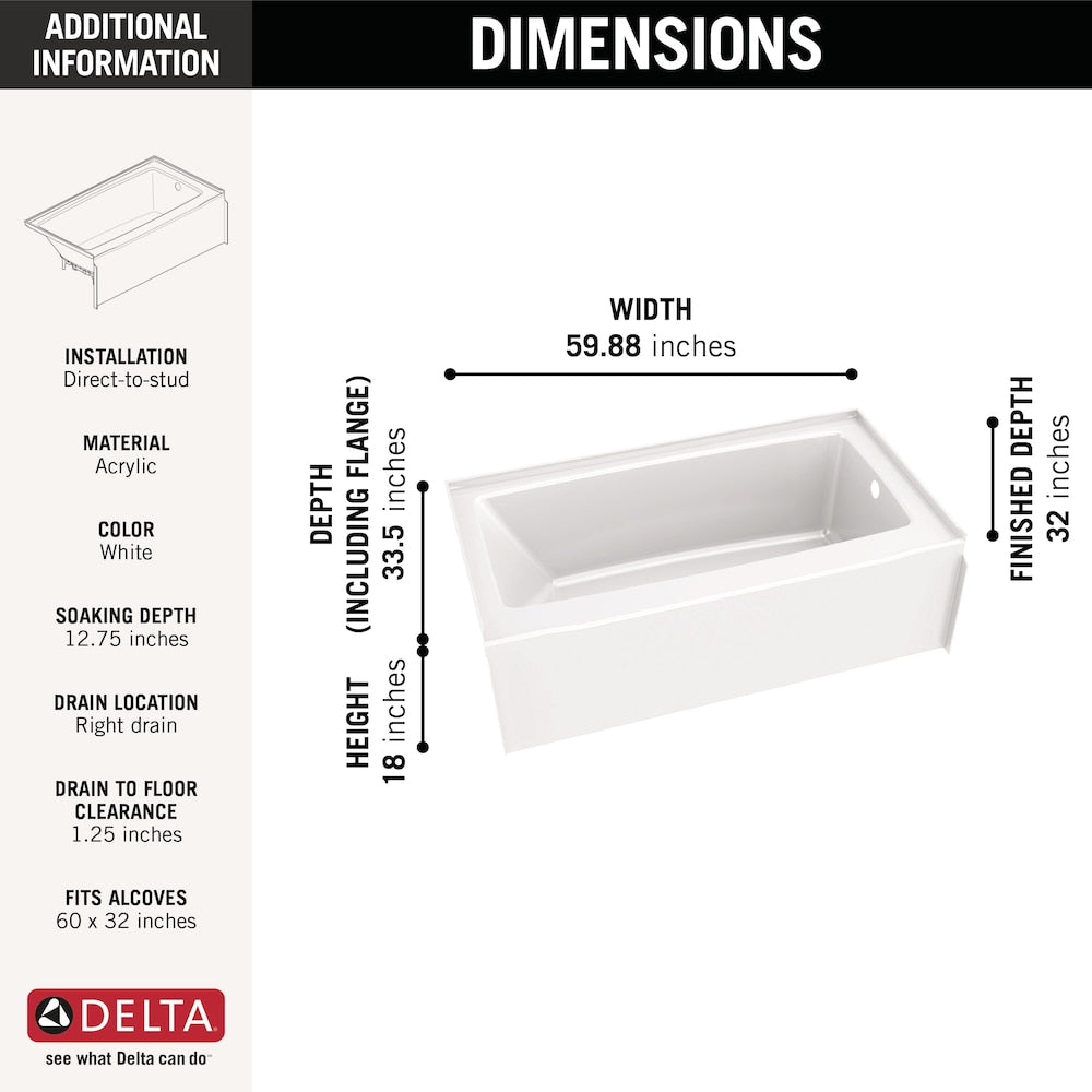 Classic 500 60 in. x 32 in. Right Drain Rectangular Alcove Bathtub in High Gloss White