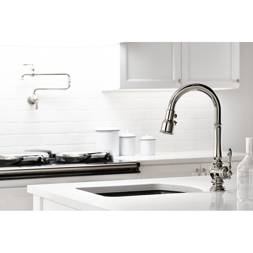 Robinet de cuisine à poignée unique et pulvérisateur rétractable Artifacts en chrome poli