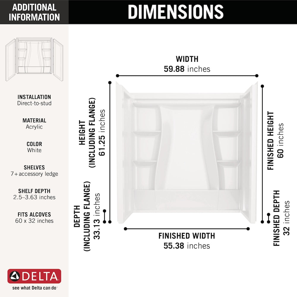Classic 500 60 in. W x 61.25 in. H x 32 in. D Direct-to-Stud Alcove Tub Surround High Gloss White