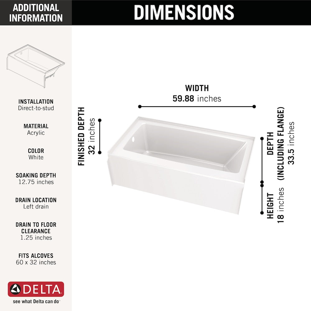 Classic 500 60 in. x 32 in. Left Drain Rectangular Alcove Bathtub in High Gloss White