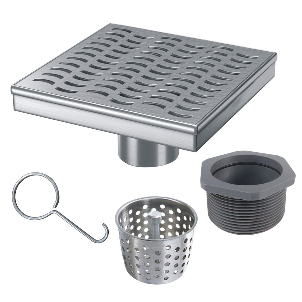 6 in. x 6 in. Stainless Steel Shower Drain with Wave Pattern Drain Cover