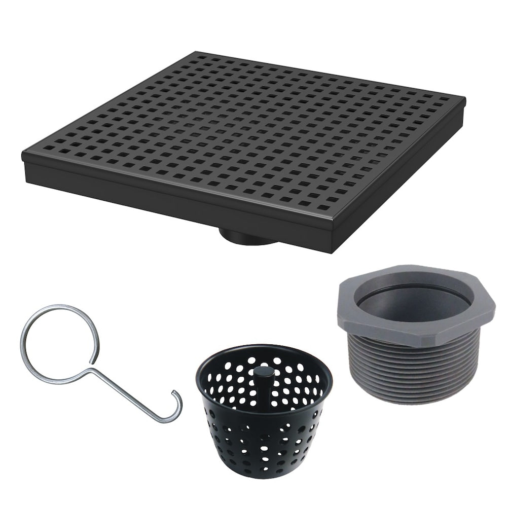 8 in. x 8 in. Matte Black Shower Drain with Square Pattern Drain Cover