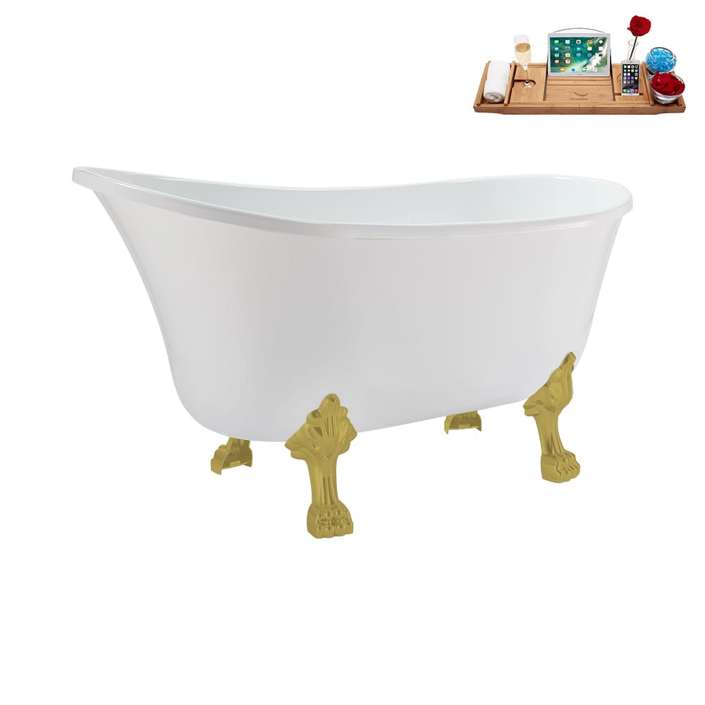 N373BGL-IN-BNK 51 inch Clawfoot Oval Acrylic Bathtub and Tray in Glossy White with Reversible Drain