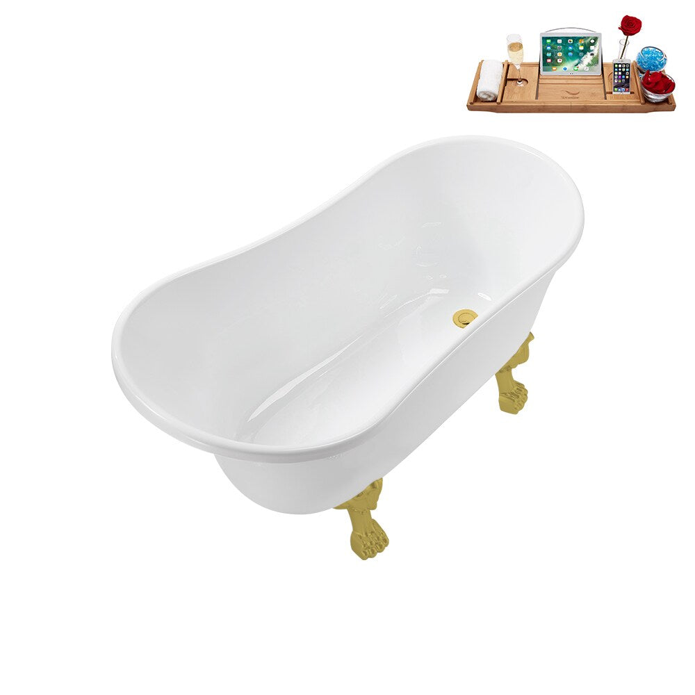 N373BGL-IN-GLD 51 inch Clawfoot Oval Acrylic Bathtub and Tray in Glossy White with Reversible Drain