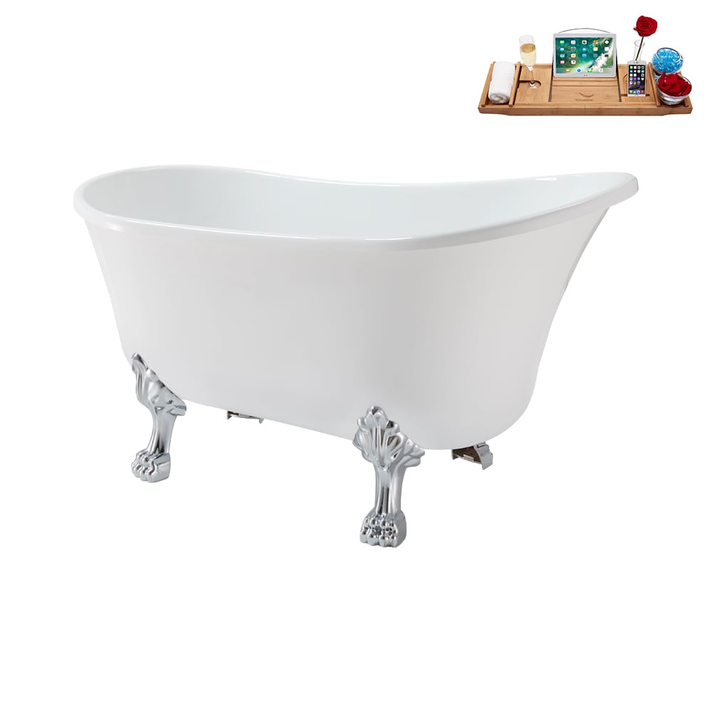 N373CH-IN-BGM 51 inch Clawfoot Oval Acrylic Bathtub and Tray in Glossy White with Reversible Drain