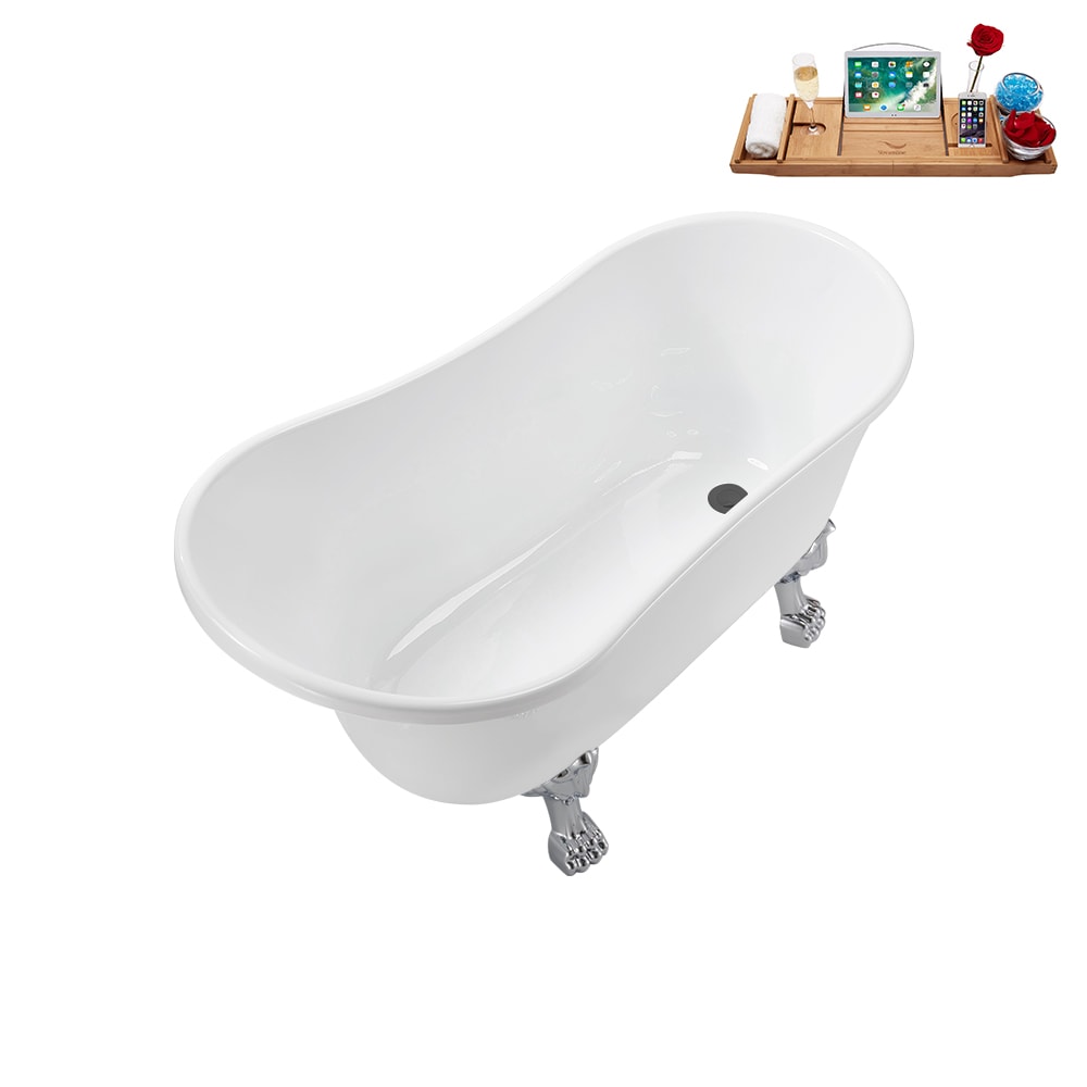 N373CH-IN-BGM 51 inch Clawfoot Oval Acrylic Bathtub and Tray in Glossy White with Reversible Drain