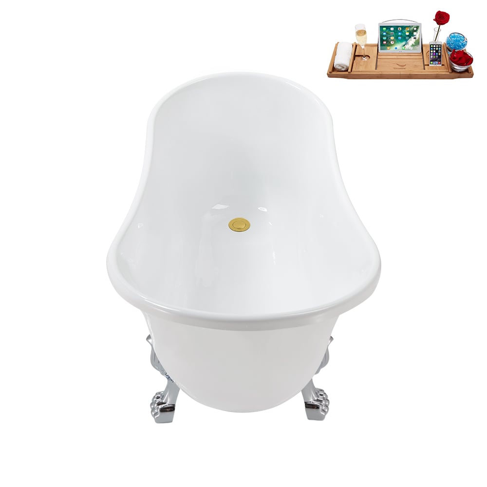 N373CH-IN-GLD 51 inch Clawfoot Oval Acrylic Bathtub and Tray in Glossy White with Reversible Drain