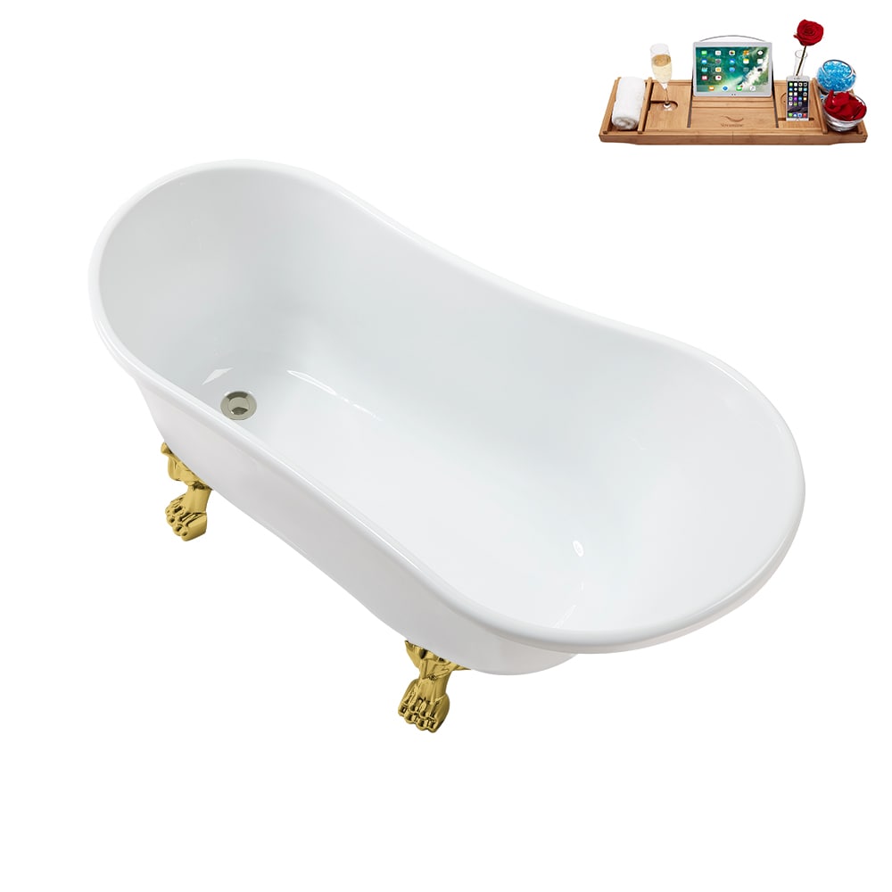N373GLD-IN-BNK 51 inch Clawfoot Oval Acrylic Bathtub and Tray in Glossy White with Reversible Drain