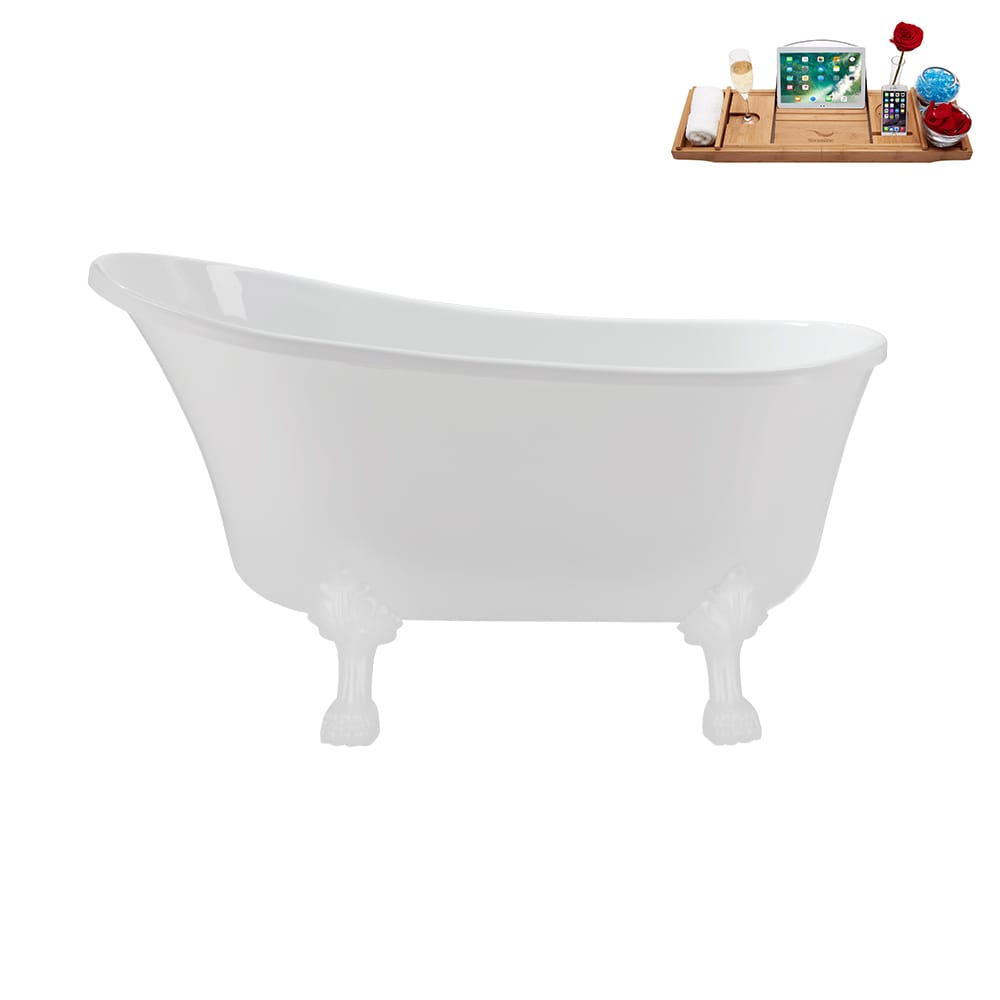 N373WH-IN-BNK 51 inch Clawfoot Oval Acrylic Bathtub and Tray in Glossy White with Reversible Drain