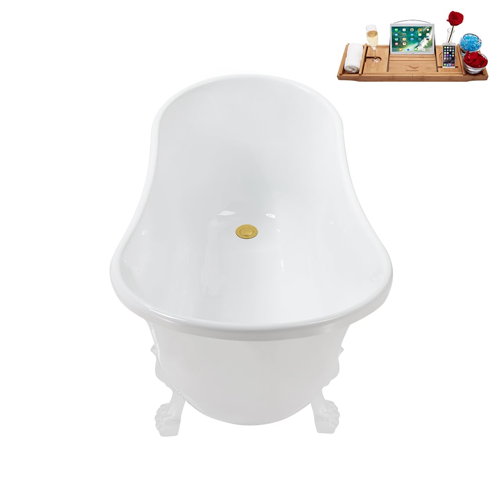 N373WH-IN-GLD 51 inch Clawfoot Oval Acrylic Bathtub and Tray in Glossy White with Reversible Drain