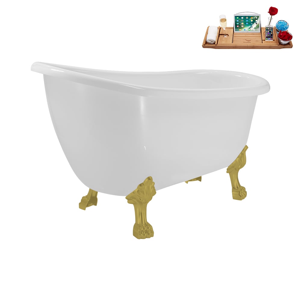 N488BGL-IN-WH 53 inch Clawfoot Oval Acrylic Bathtub and Tray in Glossy White with Reversible Drain