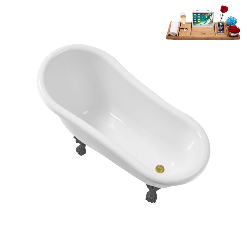N488BGM-IN-BGL 53 inch Clawfoot Oval Acrylic Bathtub and Tray in Glossy White with Reversible Drain