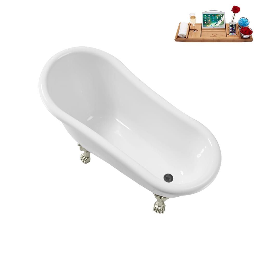 N488BNK-IN-BGM 53 inch Clawfoot Oval Acrylic Bathtub and Tray in Glossy White with Reversible Drain