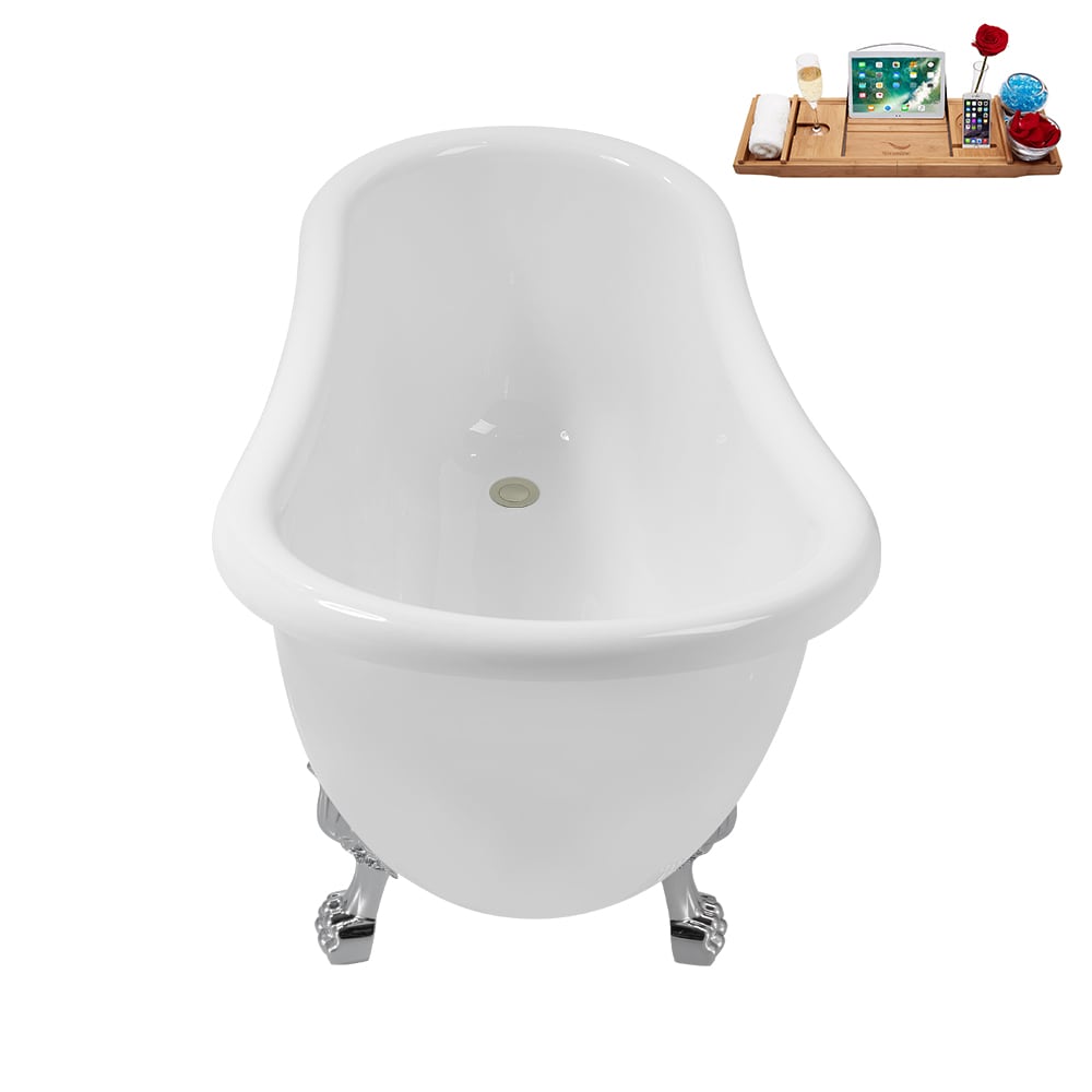 N488CH-IN-BNK 53 inch Clawfoot Oval Acrylic Bathtub and Tray in Glossy White with Reversible Drain