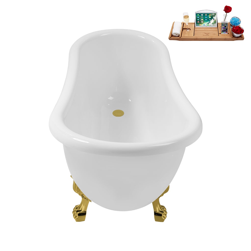 N488GLD-IN-BGL 53 inch Clawfoot Oval Acrylic Bathtub and Tray in Glossy White with Reversible Drain