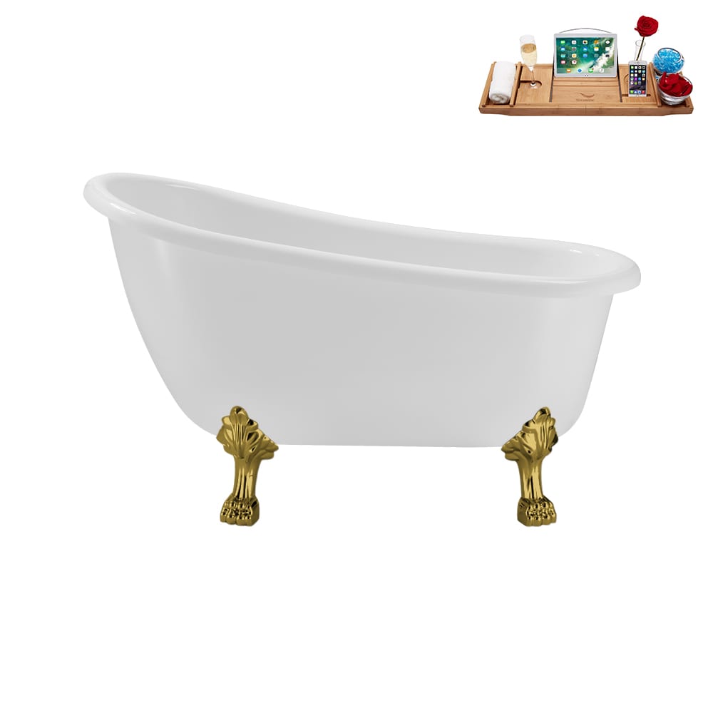 N488GLD-IN-BNK 53 inch Clawfoot Oval Acrylic Bathtub and Tray in Glossy White with Reversible Drain