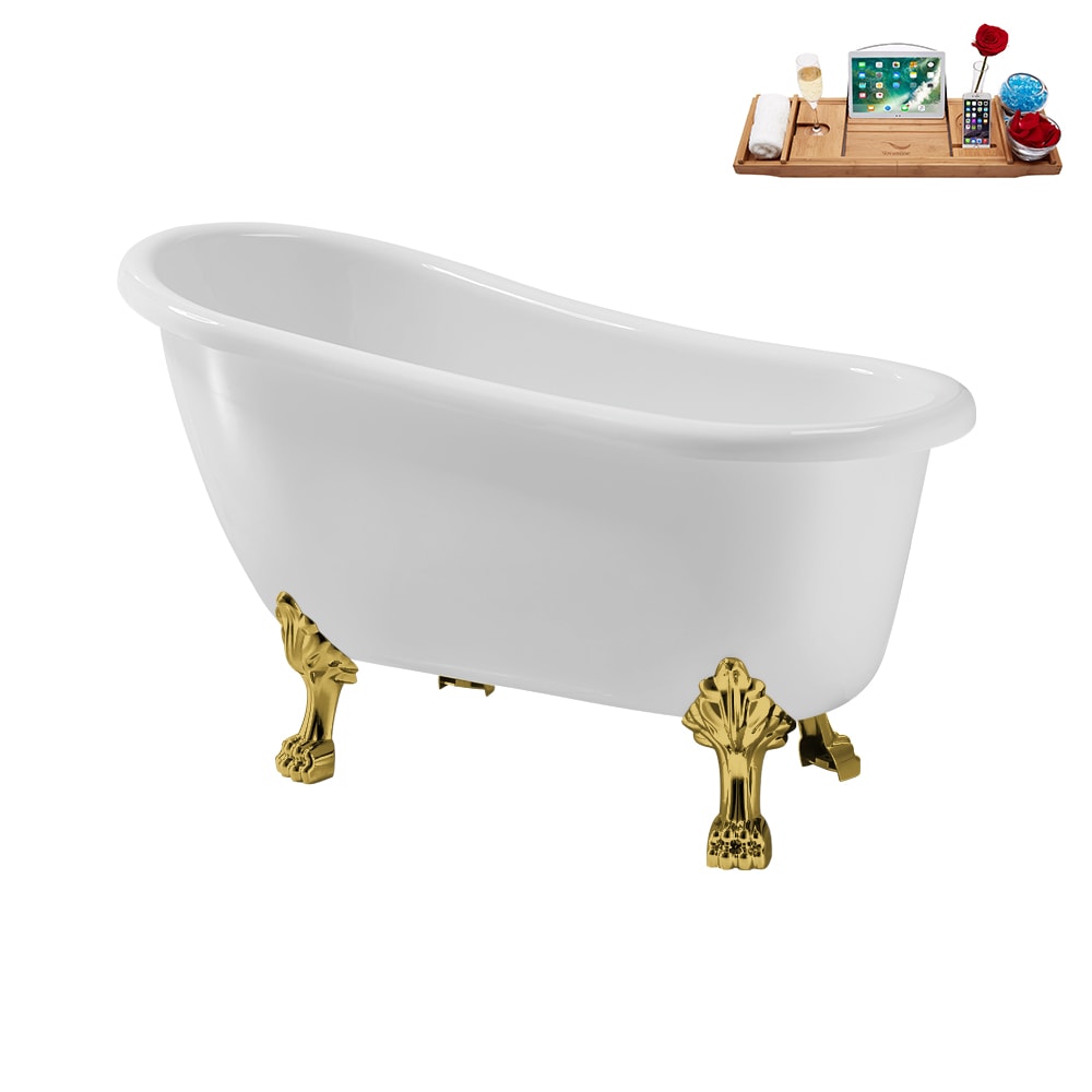 N488GLD-IN-BNK 53 inch Clawfoot Oval Acrylic Bathtub and Tray in Glossy White with Reversible Drain