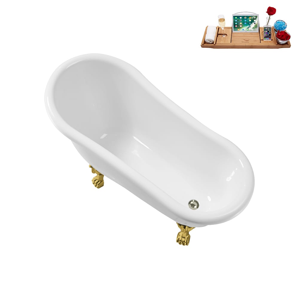 N488GLD-IN-BNK 53 inch Clawfoot Oval Acrylic Bathtub and Tray in Glossy White with Reversible Drain