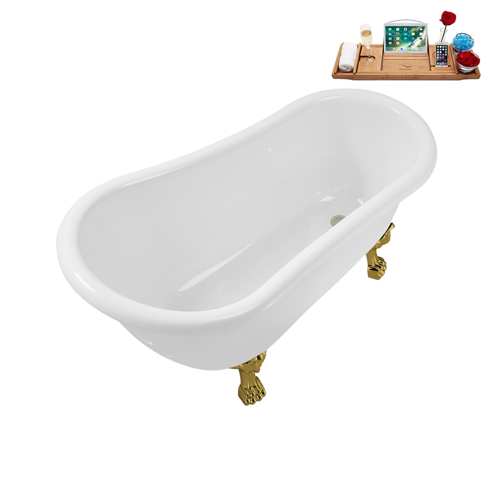 N488GLD-IN-BNK 53 inch Clawfoot Oval Acrylic Bathtub and Tray in Glossy White with Reversible Drain