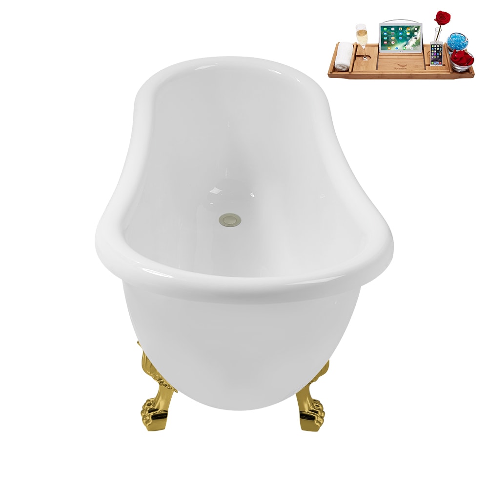 N488GLD-IN-BNK 53 inch Clawfoot Oval Acrylic Bathtub and Tray in Glossy White with Reversible Drain