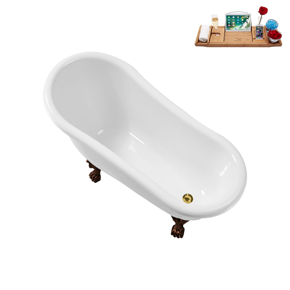 N488ORB-IN-GLD 53 inch Clawfoot Oval Acrylic Bathtub and Tray in Glossy White with Reversible Drain