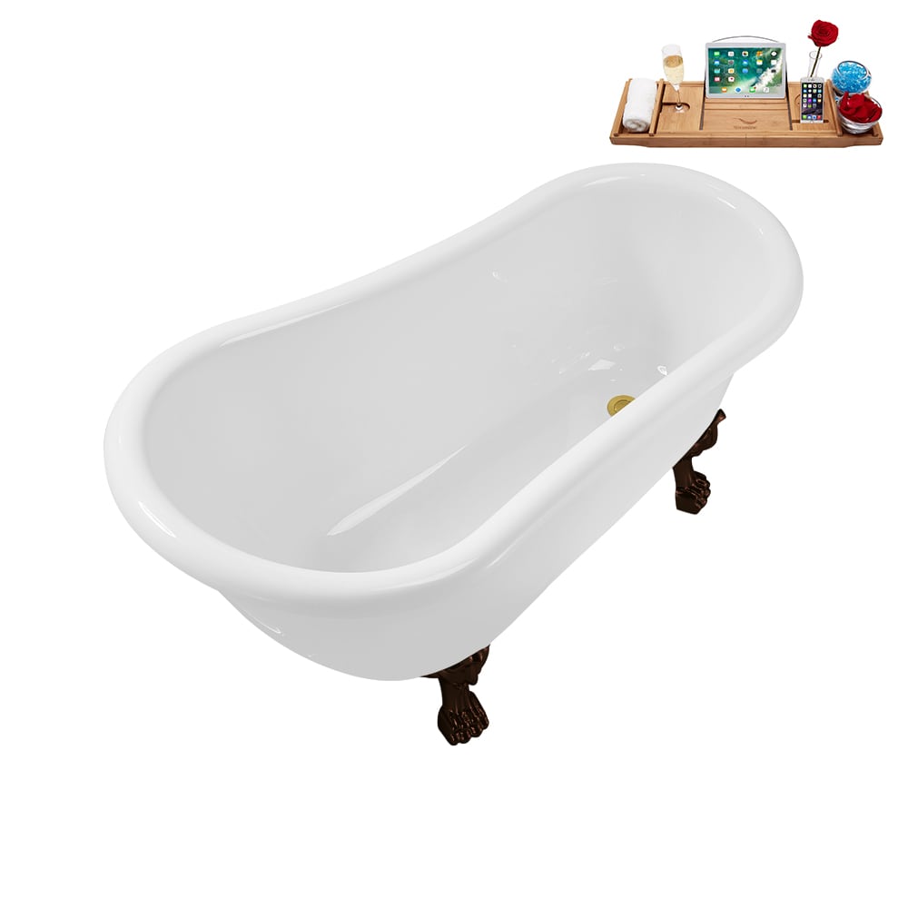 N488ORB-IN-GLD 53 inch Clawfoot Oval Acrylic Bathtub and Tray in Glossy White with Reversible Drain