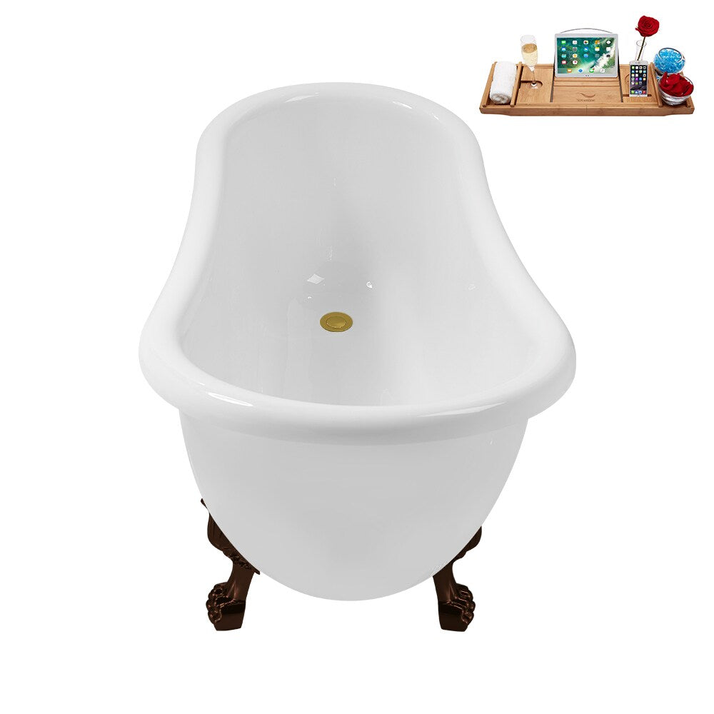 N488ORB-IN-GLD 53 inch Clawfoot Oval Acrylic Bathtub and Tray in Glossy White with Reversible Drain