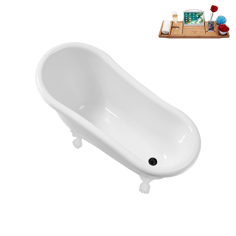 N488WH-IN-BL 53 inch Clawfoot Oval Acrylic Bathtub and Tray in Glossy White with Reversible Drain