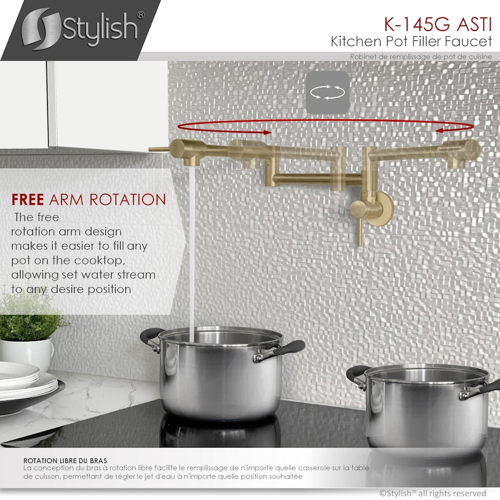 Stainless Steel Wall Mount Pot Filler Folding Stretchable with Two Handles in Brushed Gold