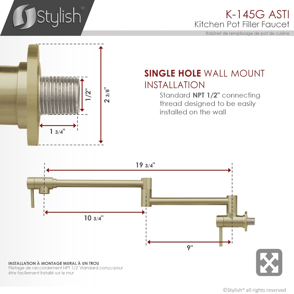 Stainless Steel Wall Mount Pot Filler Folding Stretchable with Two Handles in Brushed Gold