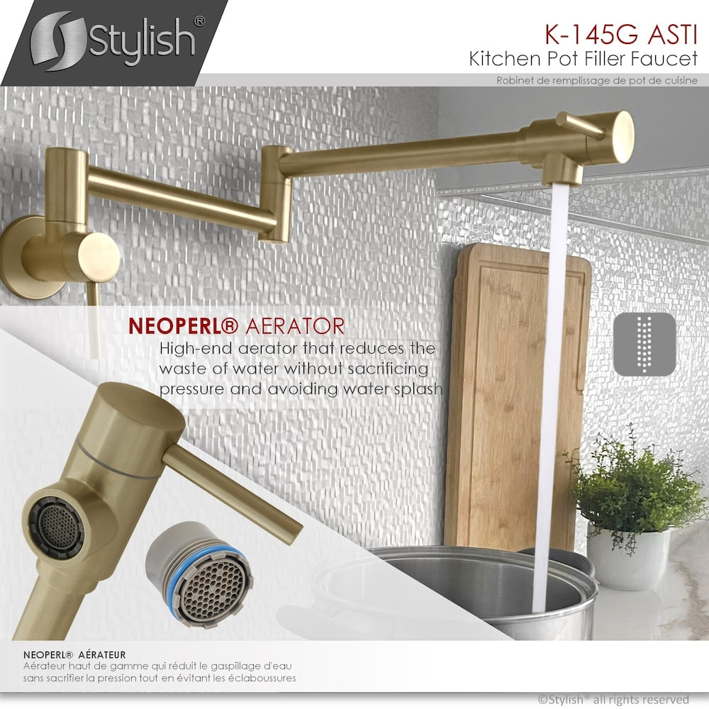 Stainless Steel Wall Mount Pot Filler Folding Stretchable with Two Handles in Brushed Gold