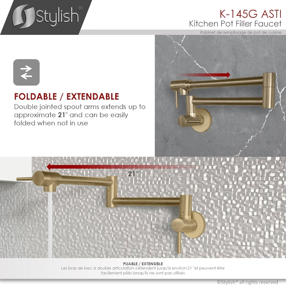 Stainless Steel Wall Mount Pot Filler Folding Stretchable with Two Handles in Brushed Gold