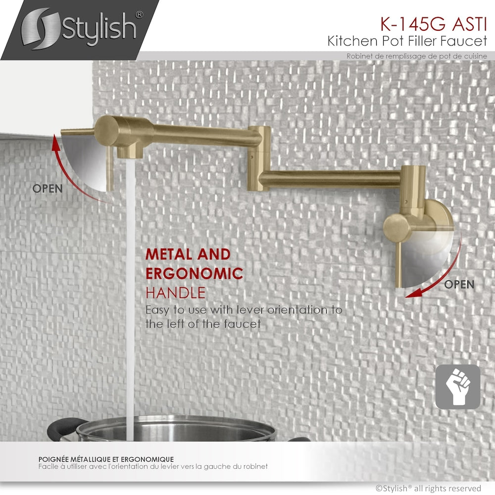 Stainless Steel Wall Mount Pot Filler Folding Stretchable with Two Handles in Brushed Gold