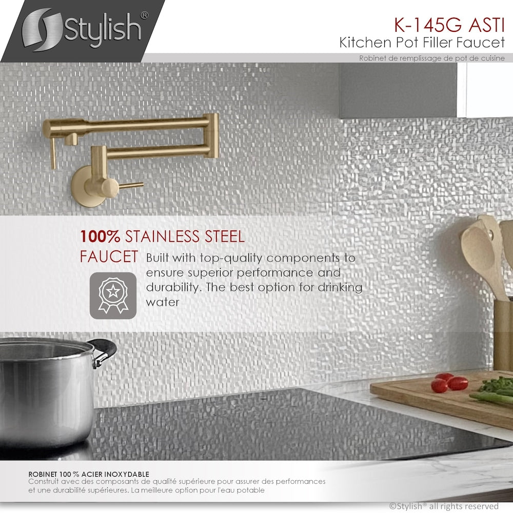 Stainless Steel Wall Mount Pot Filler Folding Stretchable with Two Handles in Brushed Gold
