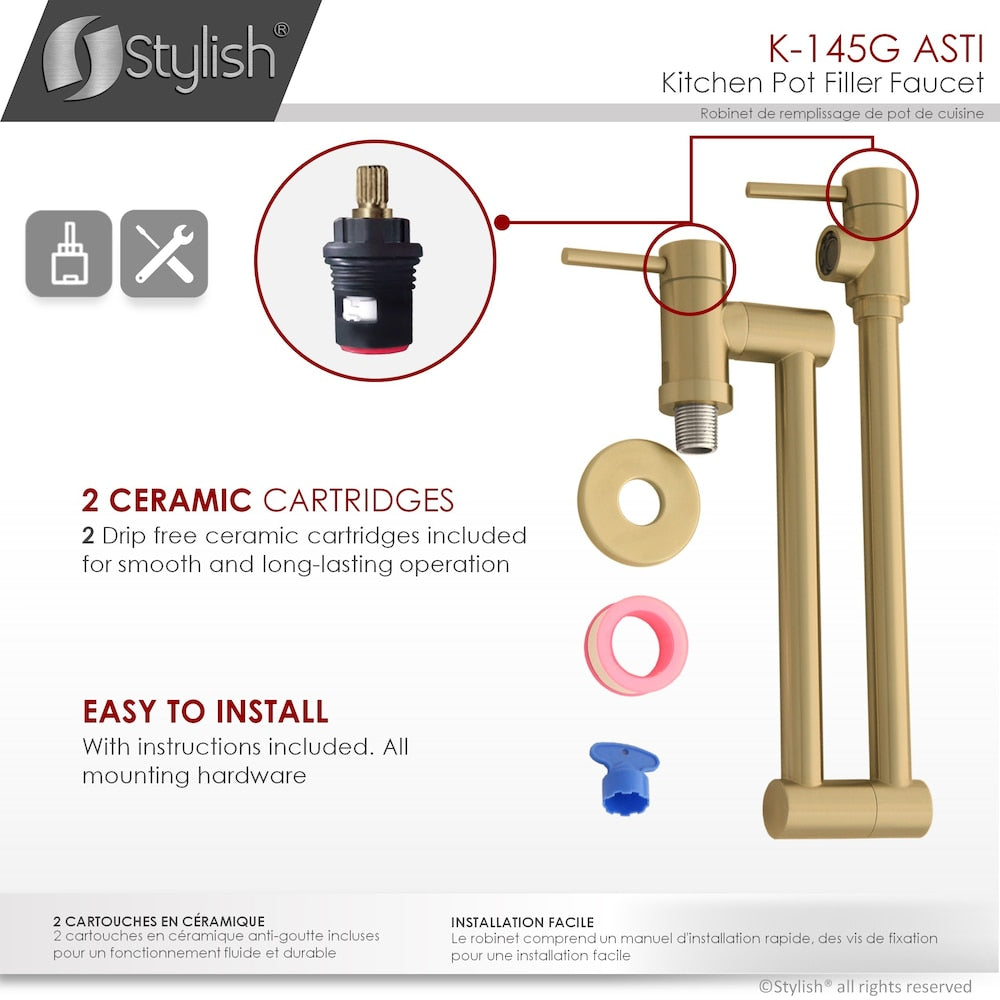 Stainless Steel Wall Mount Pot Filler Folding Stretchable with Two Handles in Brushed Gold