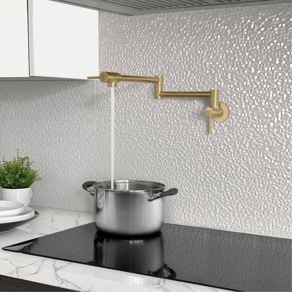 Stainless Steel Wall Mount Pot Filler Folding Stretchable with Two Handles in Brushed Gold