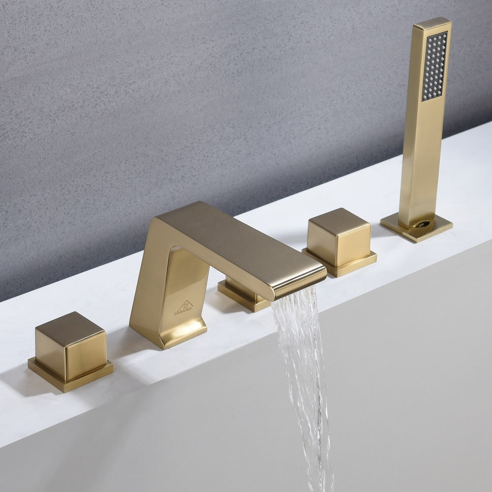 3-Handle Tub-Mount Roman Tub Faucet with Hand Shower in Brushed Gold