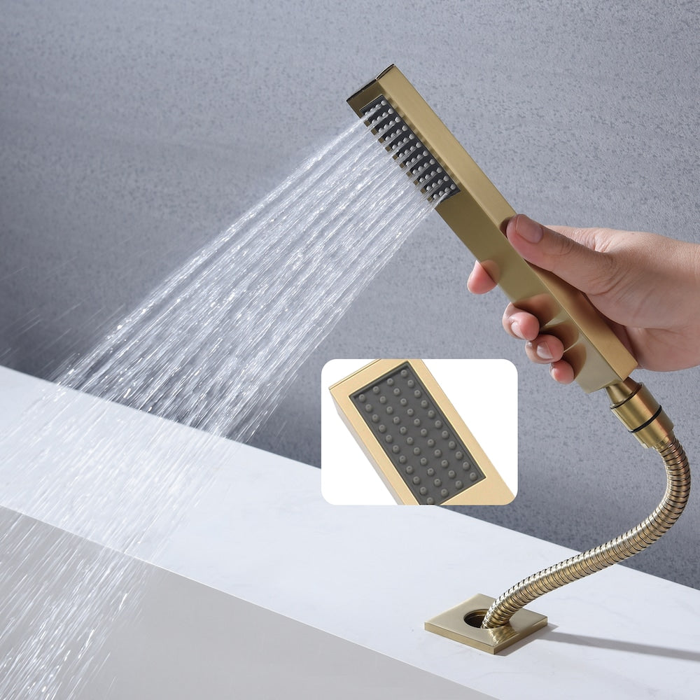 3-Handle Tub-Mount Roman Tub Faucet with Hand Shower in Brushed Gold