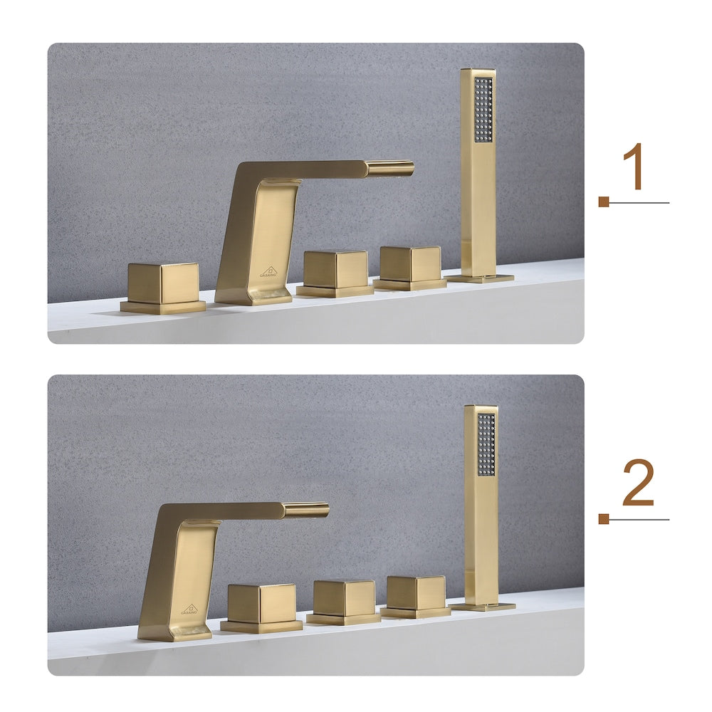 3-Handle Tub-Mount Roman Tub Faucet with Hand Shower in Brushed Gold