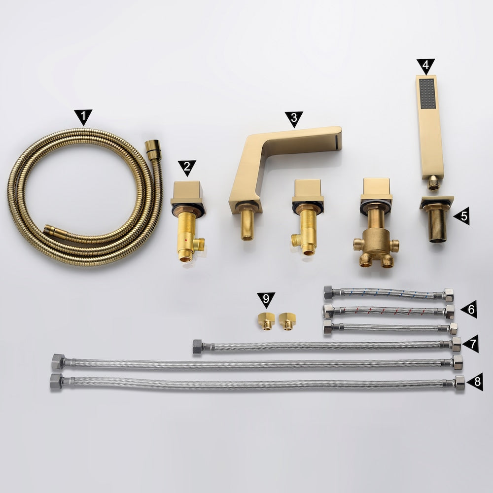 3-Handle Tub-Mount Roman Tub Faucet with Hand Shower in Brushed Gold