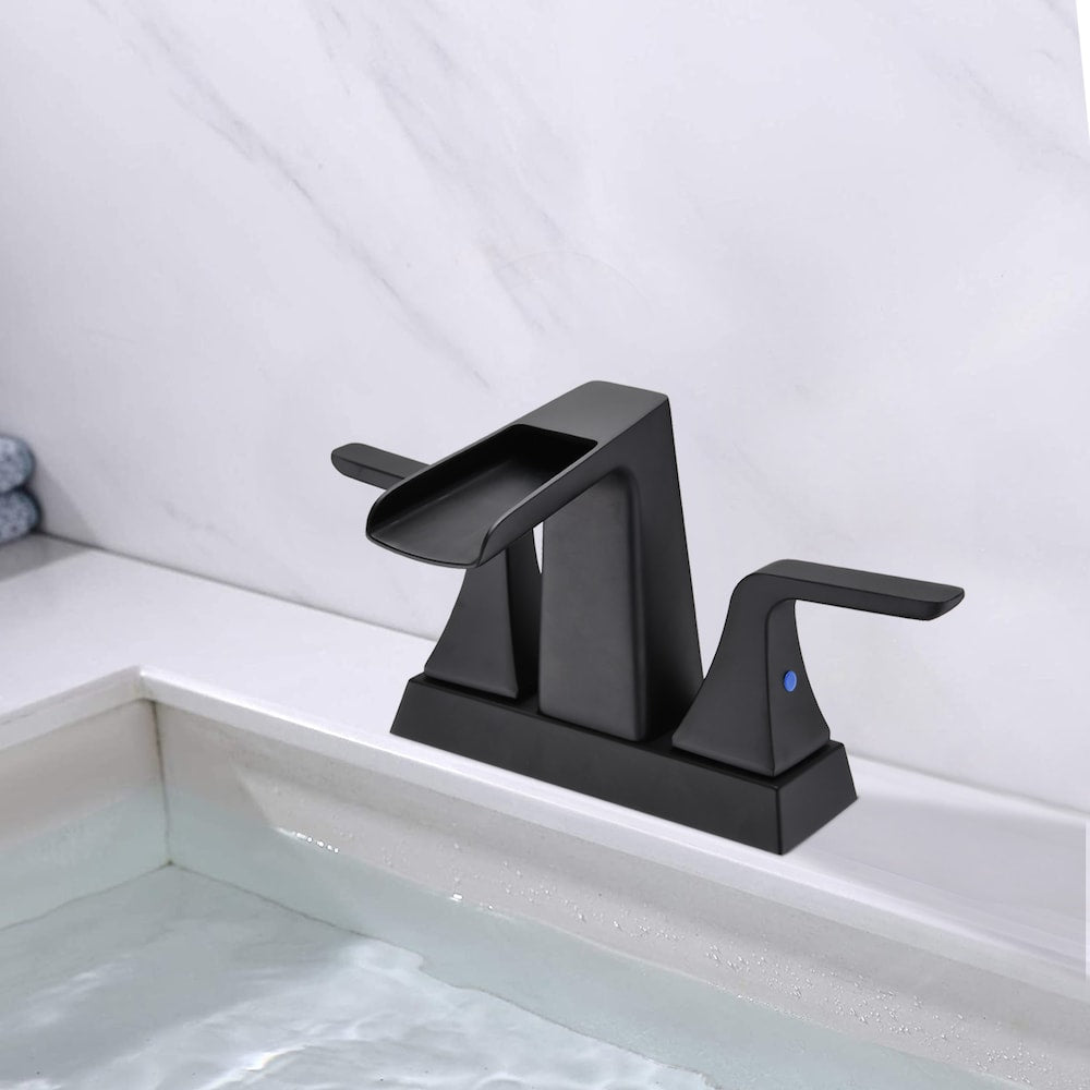 4 inch Centerest Double Handle Bathroom Sink Faucet with Drain Assembly in Matte Black