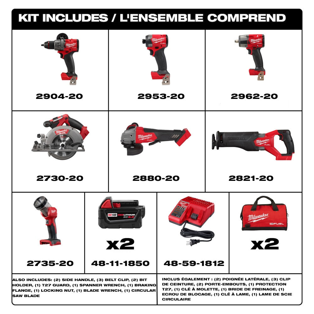 M18 FUEL 18V Lithium-Ion Brushless Cordless Combo Kit (7-Tool) w/ (2) 5.0 Ah Batteries, 2 Tool Bags