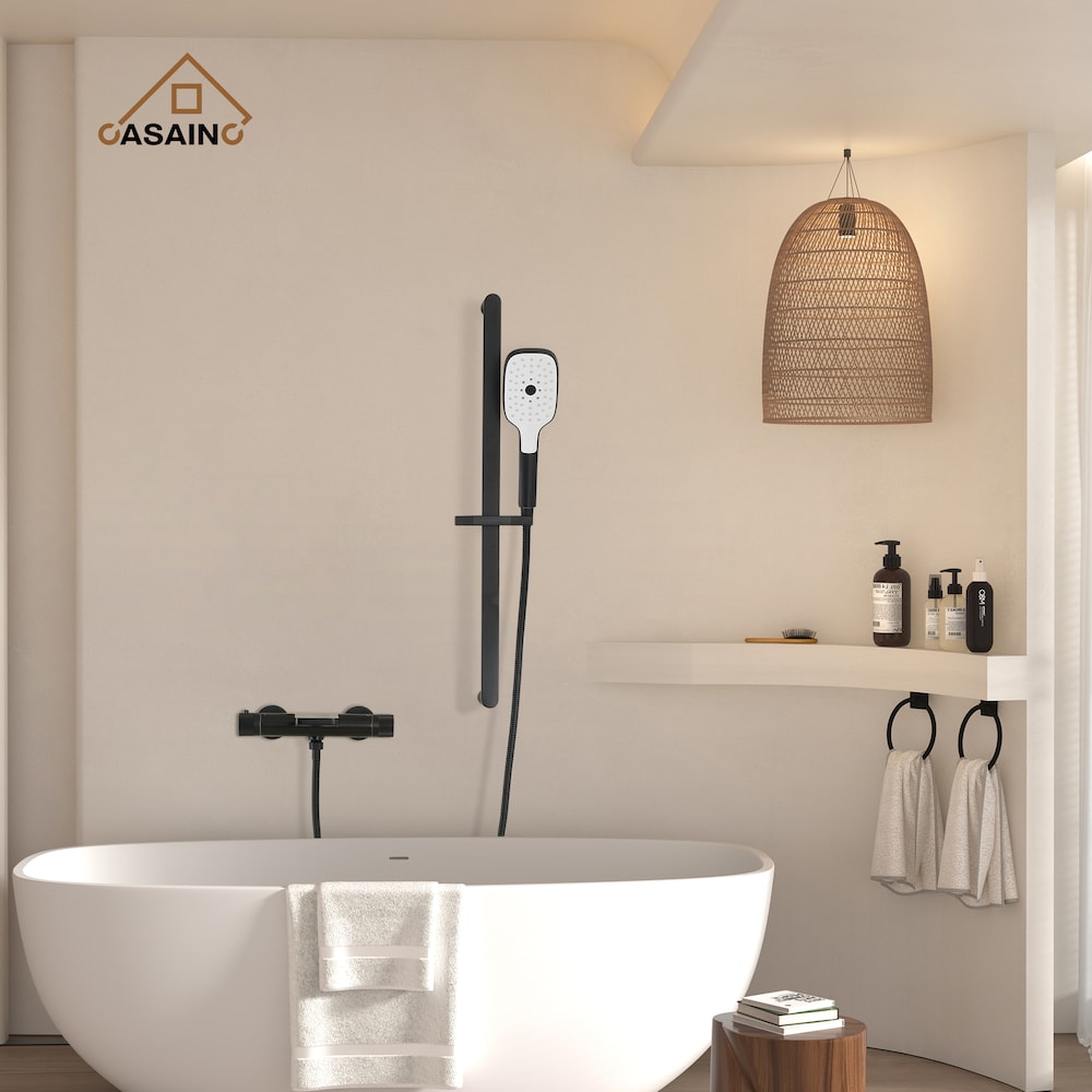 Bathtub Faucet Set with Hand-Held Shower and Adjustable Slide Bar in Matte Black