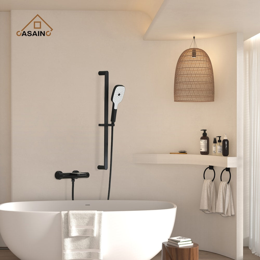 Bathtub Faucet Set with Hand-Held Shower and Adjustable Slide Bar in Matte Black