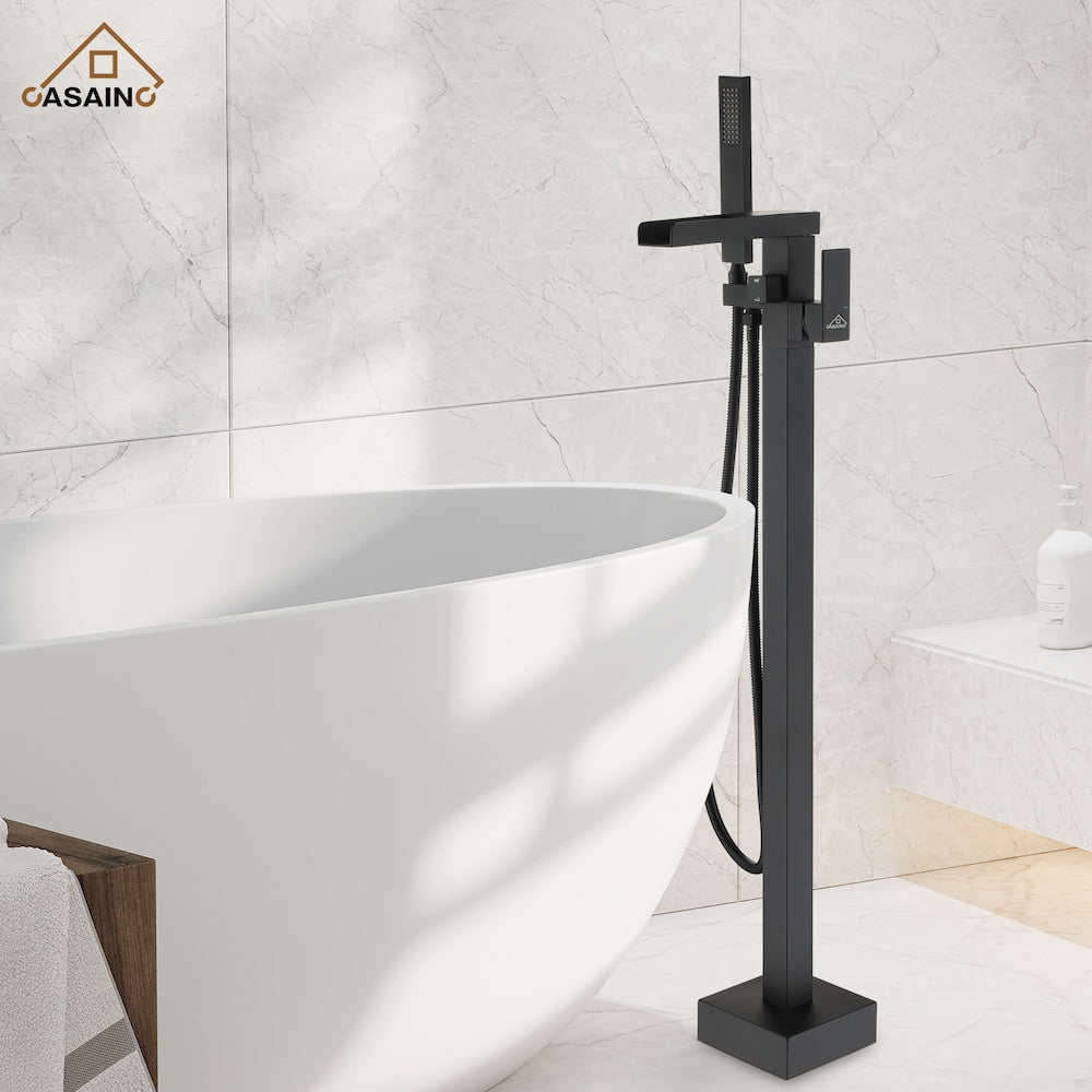 Single Handle Freestanding Waterfall Bathtub Faucet with Hand Held Shower in Matte Black