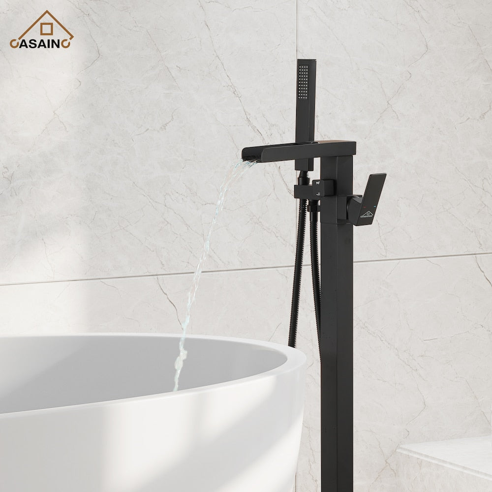 Single Handle Freestanding Waterfall Bathtub Faucet with Hand Held Shower in Matte Black