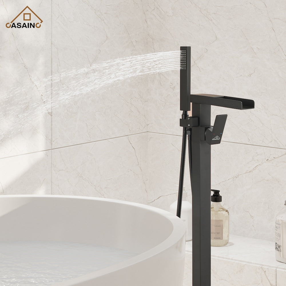 Single Handle Freestanding Waterfall Bathtub Faucet with Hand Held Shower in Matte Black